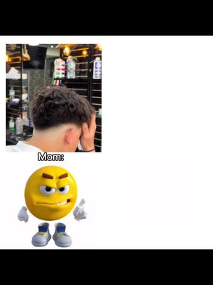 The image is split into two main sections. On the left, a color photo features the back of a person's head, presumably in a barbershop, where they have just gotten a haircut with a low fade. The bottom right shows a yellow emoji with an angry facial expression, mimicking a face with an eyebrow raised and frowning eyes. The emoji has been given little white gloved hands, with a single finger pointing toward the left side and is wearing blue and white sneakers. The background is primarily white, creating a clean contrast to the colorful elements.