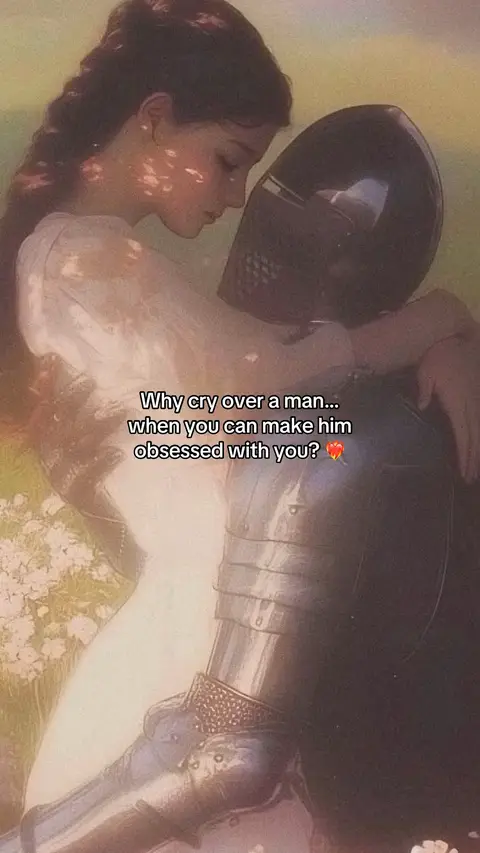 An artistic image featuring a woman embracing a figure in black armor. The woman, with long brown hair, is in soft, light-colored attire, contrasting with the dark metallic armor. The backdrop is a soft, warm blend of colors, suggesting sunlight and nature such as a forest in the background.