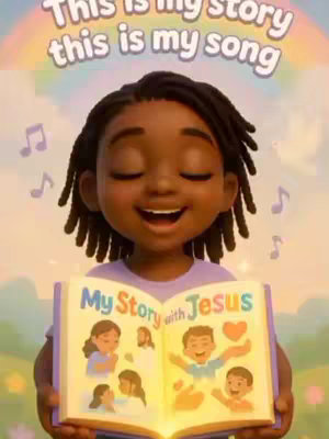 A vibrant cartoon image featuring a cheerful, dark-skinned child with black dreadlocks, animated with big, sparkling eyes, holding open a detailed book titled "My Story with Jesus." The book is lit with a bright light, displaying colorful illustrations including happy children with cartoon Jesus figures. Above the child, the text "This is my story this is my song" arches in a light, bubble-style font over a rainbow background, and surrounded by musical notes against the light blue sky.