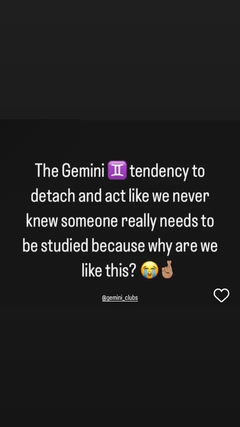 The cover image is a text-based post laid over a dark background. The text is white, organized in a question-and-answer format regarding Gemini zodiac traits. A purple Gemini symbol and emojis are included. The post is a social media share.