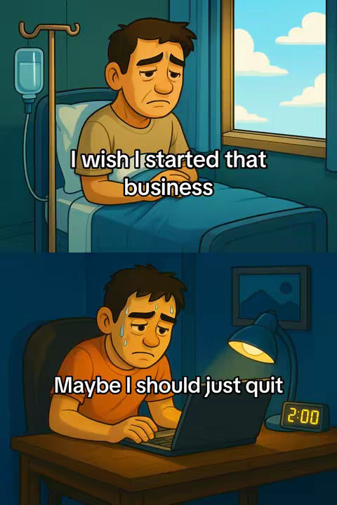 A split image depicting a man in two scenarios. Top half shows a man in a hospital bed, looking sad, with the text overlayed. Bottom half shows the man at a desk, looking frustrated, with a laptop and the text overlayed.