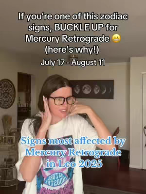 A woman with long dark hair and glasses is standing in a room, gesturing with her hands in a 'call me' pose. Text overlays present information about Mercury Retrograde in Leo 2025 and its impact on zodiac signs. The background is softly lit, and the overall composition is informative.