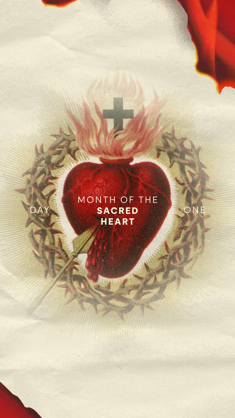 The image is vertically oriented with a textured, off-white background. In the center, a stylized red heart is depicted with a white outline, pierced by a golden arrow. Surrounding the heart is a wreath of thorns, and above it, a black cross sits atop flames. Text is placed around the heart: 'DAY' to the left, 'MONTH OF THE' and 'SACRED HEART' in the center, and 'ONE' to the right. Red accents are visible at the top.