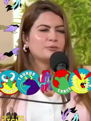 A woman wearing a pink blazer is the central figure, positioned in front of a warm-toned background. She is facing the camera with a neutral expression, holding a microphone. A series of animated zodiac signs with decorative elements circle her, including Aries, Taurus, Cancer, and Leo. Additional illustrated sea creatures float behind her near the top.
