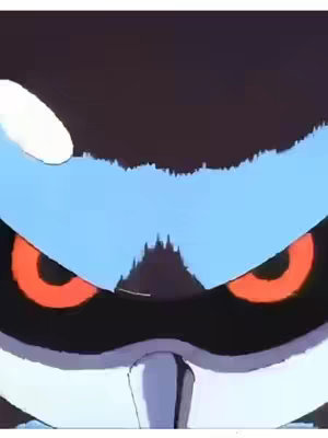 The image is a close-up of Metal Sonic's face from the Sonic OVA. The composition focuses on the robot's black head, blue visor, and red eyes. The lighting is even. The overall aesthetic is a stylized look of the well-known character.