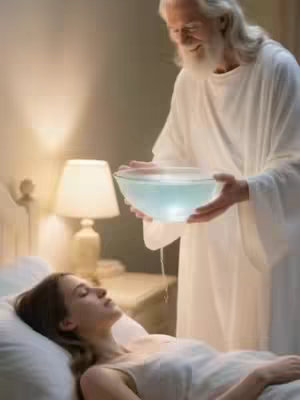 A woman lies in bed, eyes closed, illuminated by soft lighting from a bedside lamp. A man, dressed in white robes, stands over her, holding a bowl of glowing water and looking down at her.