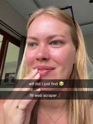 A woman with blonde hair and blue eyes looks to the side with a slightly surprised expression. A text overlay displays 'wtf did I just find' and 'W web scraper'.