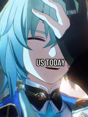 The image is a close-up of a character from an anime or manga style, possibly a game. The character has light blue hair and is posed with their head tilted a bit to the side. The character's face is partially covered. The background is blurred, with the primary colors being blues and blacks.