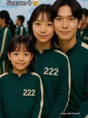 The cover image features three people: a young girl in the foreground, a young woman in the middle, and a young man on the right, all wearing green tracksuits that resemble the 'Squid Game' uniform. The girl and the young woman are positioned close together, side by side, with the man slightly behind them. All three look directly at the camera with neutral to slightly smiling expressions. The girl and young woman have the number '222' printed on their chests. The background is blurred, suggesting a crowd of people wearing similar uniforms. On top of the image in the left corner, there is an additional text layer.
