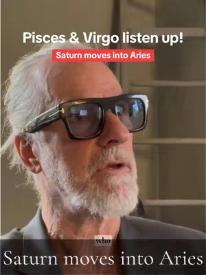 The image features a close-up of an older man looking over his shoulder, wearing glasses. Text overlays with astrological themes are present.