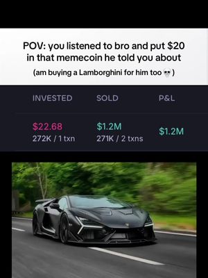 The image features a black Lamborghini speeding down a road, blurred to emphasize motion. Above the car, there's a dark-themed chart displaying investment and profit data, suggesting a financial concept. Text overlays explain the scenario, discussing a memecoin investment and financial success.