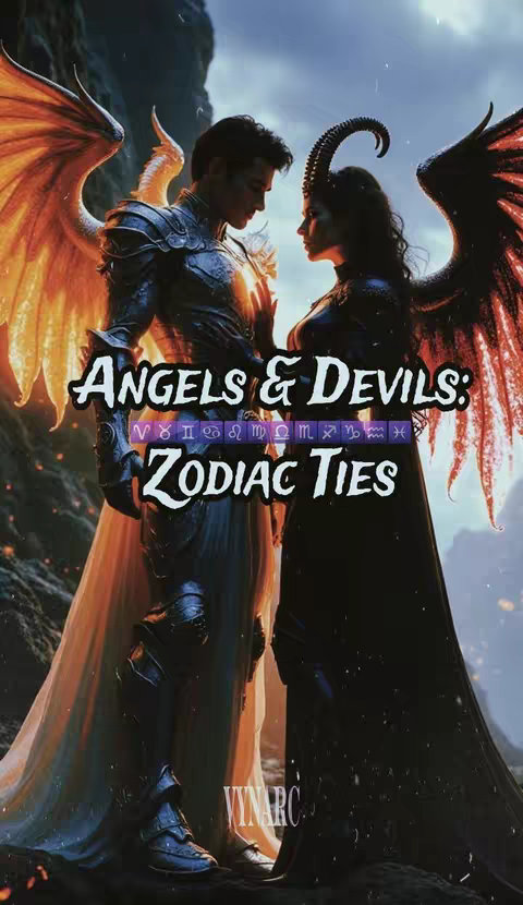 The cover image depicts a dramatic scene with two figures: an angel and a devil. The angel, on the left, has golden wings and wears silver armor over a white tunic. A bright light emanates from his chest. The devil, on the right, has black horns and wings, wearing a dark gown. They are facing each other in a moment of tension. Overlayed text reads 'Angels & Devils: Zodiac Ties' in a bold, stylized font, along with zodiac symbols between the text. The background appears to be a rocky landscape with a twilight sky. The overall composition is dark and fantastical.