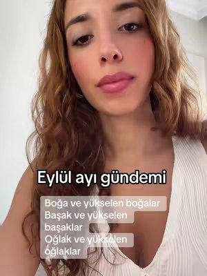 A woman with curly brown hair is centered in the frame, with a white top. Text in the lower section of the frame reads, "Eylül ayı gündemi" followed by a list of astrological signs. The background is a neutral wall.