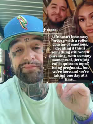 The image is a split screen showing a man with tattoos and a blue hat on one side and a couple on the other side, with text overlay. The man on the left is looking at the camera. The couple are looking at the camera as well.