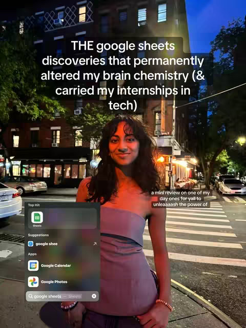 The cover image shows a woman standing on a city street at dusk. She is wearing a strapless purple top with dark hair and a friendly expression. The street scene includes buildings, streetlights, parked cars, and signs. A search bar with Google Sheets related search suggestions are overlaid on the image on the lower left, and text on the background indicates the content will be regarding Google Sheets.
