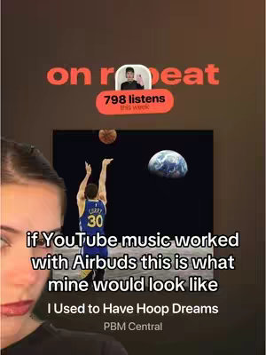 The cover image is a vertical shot featuring multiple elements. A woman's face is partially visible on the left, with a focused expression. In the background is a mock-up of a music app, featuring a person shooting a basketball towards a background of space and a planet, and includes the image with a display that reads 'on repeat', with the number '798 listens this week' and text such as 'if Youtube music worked with Airbuds this is what mine would look like'. The image uses a mix of colors, with the dominant hues being brown, a dark background, and a woman's face.