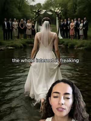 A bride in a white wedding dress is walking through a stream of water towards a wedding ceremony in the background. The creator's face is in the foreground, with text overlayed on the image.