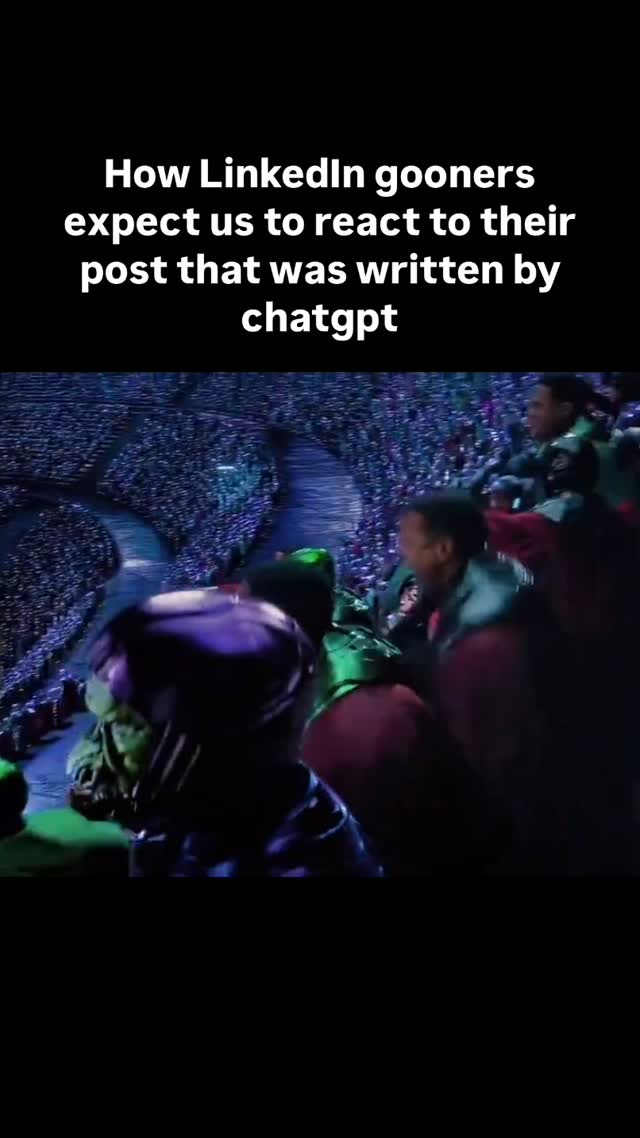 The image is a still from a movie, featuring a large crowd of people illuminated in blue and purple light. The focus is on a group of individuals at the bottom center of the frame, appearing to react to something. Overlayed text at the top describes the content as a satire about LinkedIn posts.