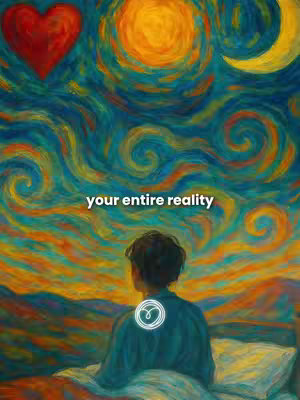 An artistic image with a swirling, colorful sky in shades of blue, orange, and yellow resembling a Van Gogh painting. A large red heart floats on the left.