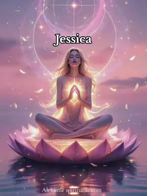 The image features a woman in a meditative pose, seated atop a lotus flower floating on water. She is wearing a light-colored garment and has her hands clasped in front of her chest. Above her, an ethereal light shines, with a halo-like structure behind her head. The word "Jessica" is overlaid in a stylized font, suggesting spiritual or insightful content.