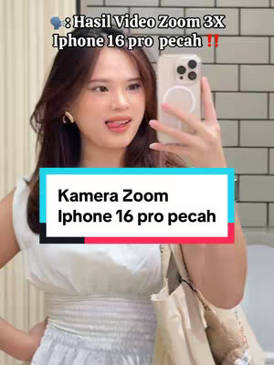 A young woman takes a selfie with an iPhone. Text overlays indicate camera zoom capabilities. The color palette is bright and includes skin tone and background colors. The layout is a vertical frame with text overlaid.