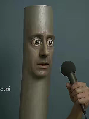 The image features a surreal or stylized portrait of a person with an elongated neck and a tall, cylindrical head. The face has exaggerated features, including large, wide eyes that express surprise or concern, and a small, slightly open mouth. The main character's skin appears to be a pale, smooth tone, contrasting with the shadow of a microphone being held in the lower right. The background is a solid teal color, which highlights the figure's form and the microphone. The style conveys a sense of uncanny valley.
