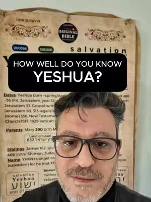 A man with glasses is centered over a background with text resembling an old document is looking directly at the camera. A black rectangular overlay at the top has the text: HOW WELL DO YOU KNOW YESHUA?