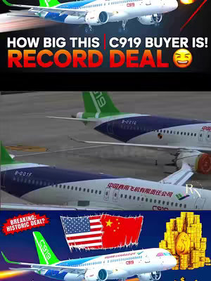 The cover image is a vertical collage. The top third features a COMAC C919 aircraft in flight. The middle section presents two aircraft parked on a tarmac. The bottom third shows the U.S. and Chinese flags with a C919 in front of them. Gold coin icons add to the design.