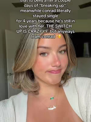 A medium shot featuring a young woman with blonde hair, wearing a white top and two necklaces. Text overlays on the image convey information related to a series, focusing on the character Conrad.