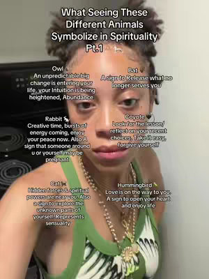 A woman is centered in a selfie-style shot. The background is blurred, but the kitchen appears to be behind her. Text overlaid includes the title "What Seeing These Different Animals Symbolize in Spirituality Pt. 1" and then describes multiple animals with their spiritual meanings. The woman is looking at the camera with a neutral expression. She is wearing a green top with a pattern, and has long necklaces. Her hair is styled up. There's text overlaid on the image, describing the spiritual meaning of different animals.