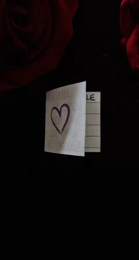 The image shows a close-up of a white paper with lines and some text, plus a hand-drawn heart on it in the center, held against a black background. Red roses are positioned on the top corners