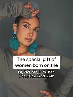 The cover image shows a woman posing with her hand on the head, wearing large turquoise earrings. Text on the image claims the women born on the 1st, 2nd, 6th, 12th, 15th, 17th, 20th, 22nd, and 24th have gifts.