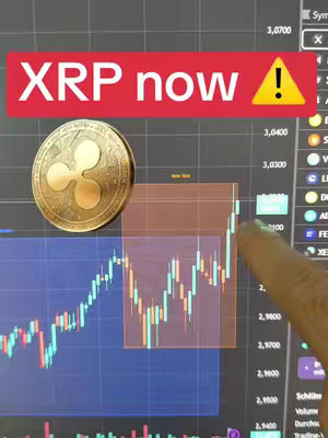 The image shows a cryptocurrency chart on a computer screen, with a gold XRP coin in the background. A red banner with white text reading "XRP now !" and a yellow exclamation mark is present. A chart on the screen shows upward trends. In the foreground, a finger is pointing at the chart.