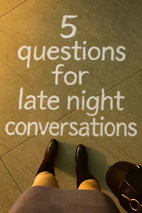 A top-down view shows a person's legs and feet on a tiled floor. White chalk-like text is written on the floor, reading '5 questions for late night conversations.' The person is wearing black boots and a light-colored skirt or dress.