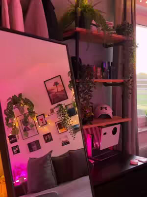 A mirror reflects a room with decorative items. A shelf displays plants, a cap, and other objects. Pictures and lights adorn the wall. The lighting is primarily pink.
