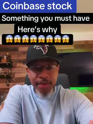 A man with glasses and a baseball cap is centered in a video frame, with a blue overlay at the top announcing "Coinbase stock". Below that, text reads, "Something you must have." The video has a clear, wooden background, and the overlay gives the content a clean, informative look.