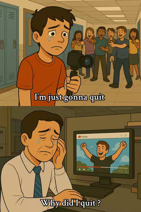 The image is a two-panel cartoon depicting a young man upset, in the first panel, and an older man, also upset, in the second panel. The first panel shows a young man holding a camera and looking sad in a hallway, while other students are laughing at him. The second panel has an older version of the man sitting at a computer and looking at his younger self, who is happy after achieving success on Youtube. The overall color palette is muted, with a focus on tans, browns, and blues.