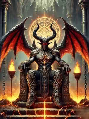 An illustrative, fantasy-style image depicting a demonic figure, presumably Satan, seated on a throne against a backdrop of flames and a circular, glowing emblem.