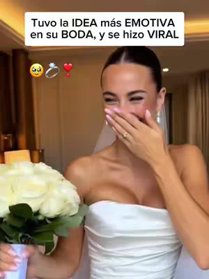 The cover image is a medium shot of a bride, who is covering her mouth with her hand. She is wearing a strapless wedding dress and a veil. In the foreground, there is a bouquet of white flowers. The background appears to be a well-lit room. Above is a banner that highlights her emotive and viral wedding idea.
