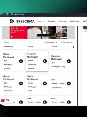 A computer screen displays the Speechma website interface. The interface includes a pane with various AI voices, with 'Seraphina Multilingual' highlighted. The background is a green gradient.