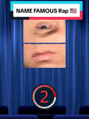 The cover image shows a quiz setup in front of a curtain backdrop. The upper part of a person's face (eye) and the lower part (mouth) are in the middle of the image. Above is a bar with text and an American flag, and below, there is a timer.