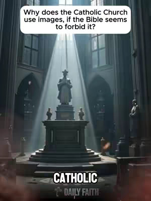 An ethereal, digitally rendered scene of a grand cathedral interior. Shafts of light beam down from unseen windows, illuminating a central statue on a tiered pedestal within a classical-style setting. The deep shadows contrast starkly with the light, creating a dramatic effect. In the foreground, text elements are incorporated, suggesting a religious or informational video.