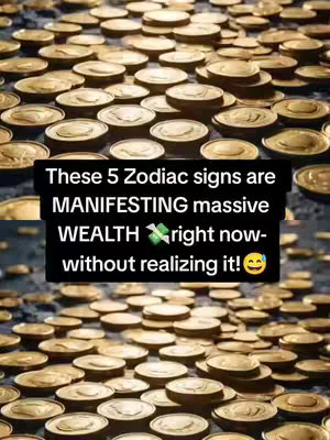 The image is a vertical composition filled with golden coins arranged to cover the entire background. A black rectangular box overlaid on top contains white text stating, "These 5 Zodiac signs are MANIFESTING massive WEALTH right now- without realizing it!" and a yellow smiley face. The text is centrally aligned, emphasized by its black background.
