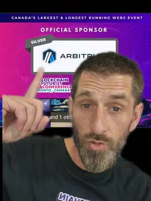 A man with a beard points upwards at a sign overlay. The background features a purple and blue gradient promoting a web3 event in Toronto with a silver sponsor logo.