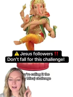 The cover image features a light-skinned woman from the chest up on the bottom. Above her, a multi-armed, golden-colored statue of a Hindu deity stands on a red column. There is text overlaid in a black rectangle with a yellow triangle symbol that reads: "Jesus followers !! Don't fall for this challenge!"