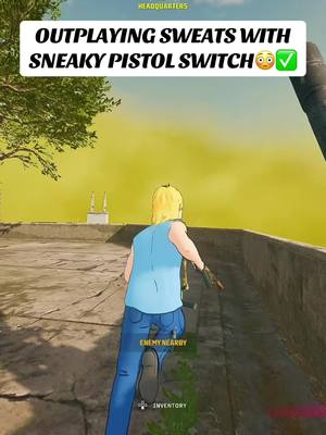 An animated character, viewed from behind, dressed in a blue sleeveless top and jeans, is running across a platform with a gun in hand. The background features a yellow-toned atmosphere and a building, and an overlayed text banner.