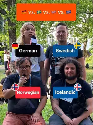 A group of four people at an outdoor event, each holding a microphone. Each person is wearing a lanyard and badge. The image is filled with text overlays indicating the languages being compared in the video (German, Swedish, Norwegian, and Icelandic). A horizontal orange banner at the top presents the flags of the four languages with the word "vs." between them.