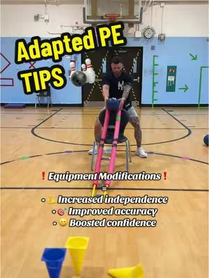 The cover image showcases a man in a gym setting, demonstrating bowling adaptations. The central figure, a man with short hair and tattoos, is holding a large blue ball and demonstrating a bowling technique. A text overlay includes the words "Adapted PE Tips" in a vivid font with a yellow background.