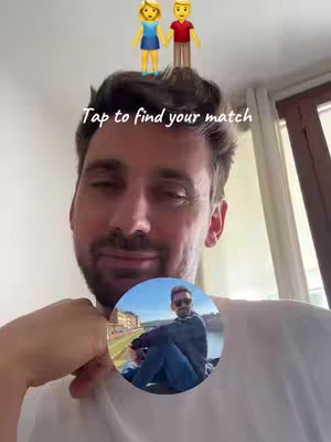 A selfie-style image featuring a man with dark hair and a beard, looking towards the camera with a neutral expression. Above his head are two emoji figures, a woman and a man, and beneath him is a smaller, circular image of himself in a different outdoor setting. The text 'Tap to find your match' is overlaid near his face.