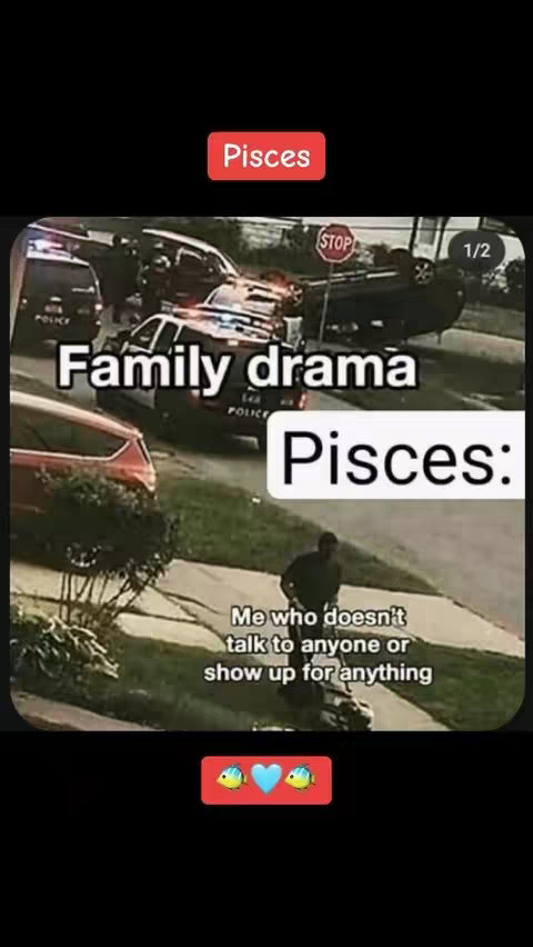 The image shows a comical overlay on a photo of a car accident scene that creates a meme about the Pisces zodiac sign.   It includes an image of a man walking on a sidewalk looking at the incident and the text overlay.  The overall visual composition combines a real-world situation with a relatable context tailored to the zodiac sign.